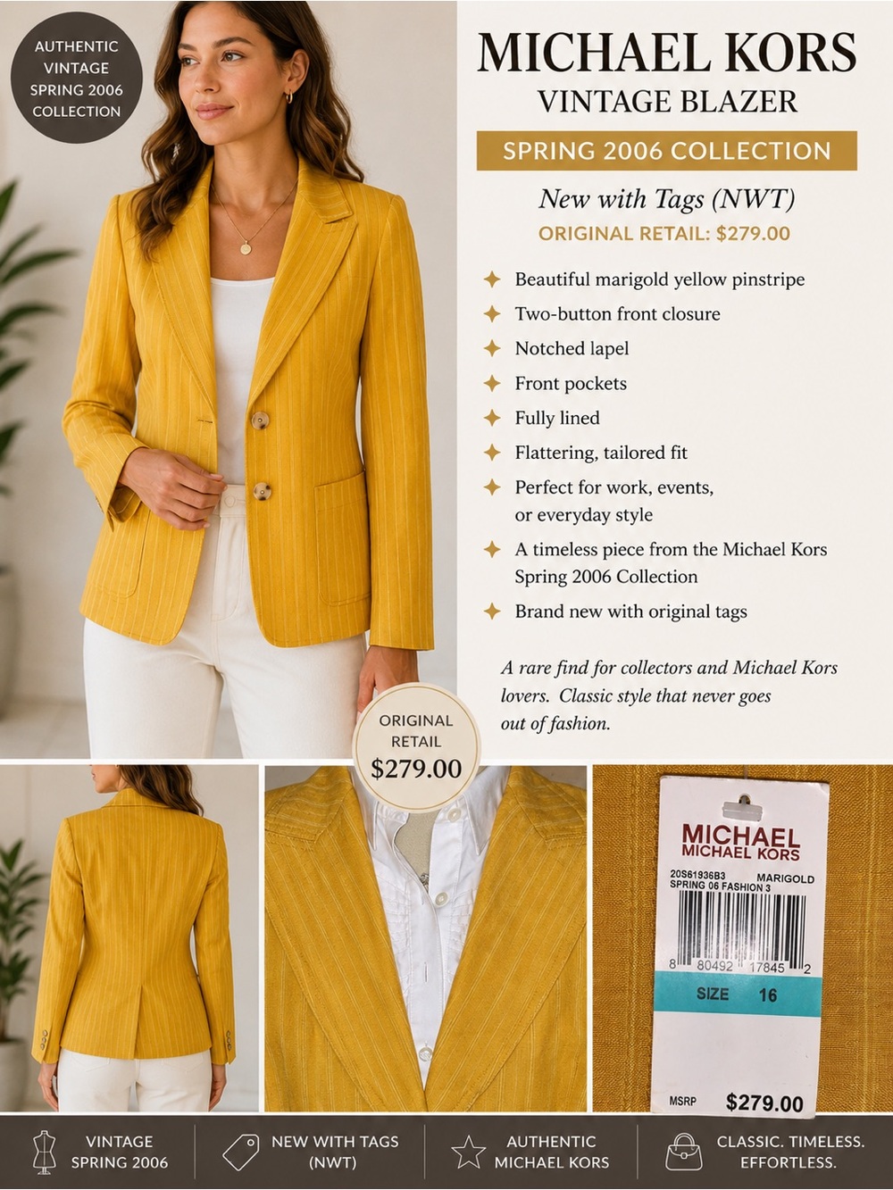 Michael Kors Vintage Spring 2006 Marigold Pinstripe Blazer NWT Size 16